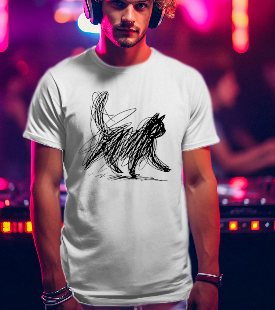 Minimalist Cat Scribble Sketch T-Shirt