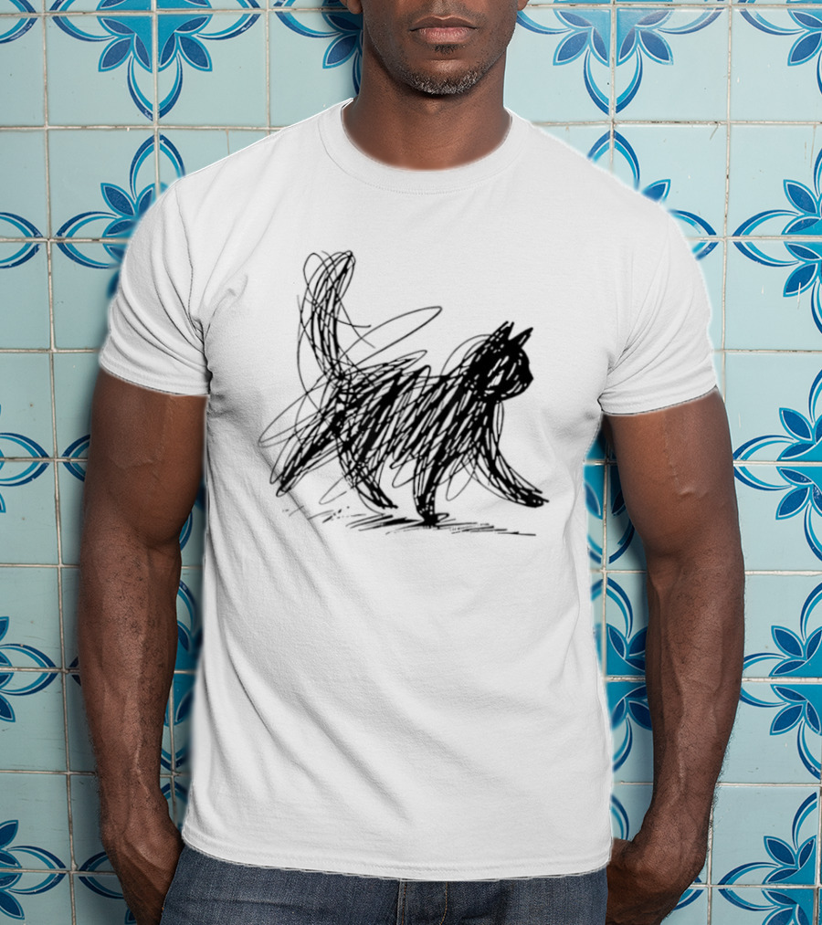 Minimalist Cat Scribble Sketch T-Shirt