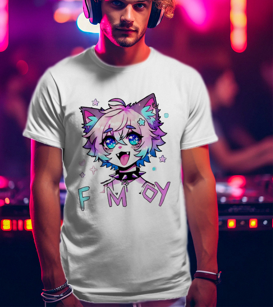 Femboy Cat Boy Anime Spike Collar Starry Eyes Pastel Ears T-Shirt