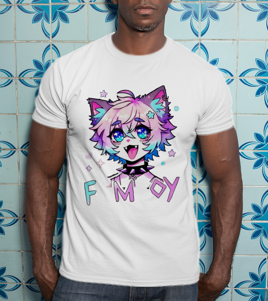 Femboy Cat Boy Anime Spike Collar Starry Eyes Pastel Ears T-Shirt