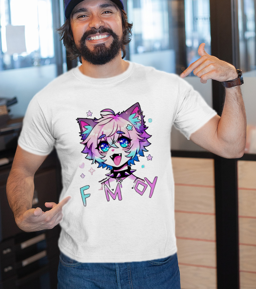 Femboy Cat Boy Anime Spike Collar Starry Eyes Pastel Ears T-Shirt