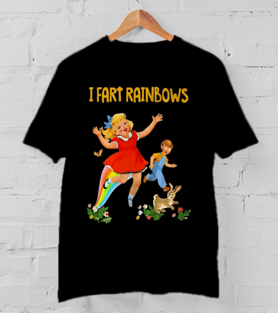 I Fart Rainbows Vintage Retro Kids Playing Butterflies Rabbits Flowers T-Shirt