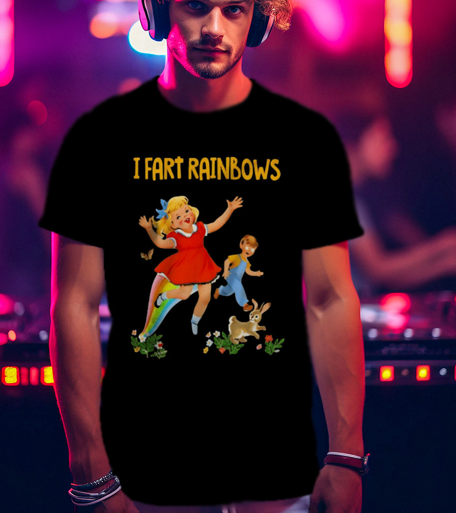 I Fart Rainbows Vintage Retro Kids Playing Butterflies Rabbits Flowers T-Shirt