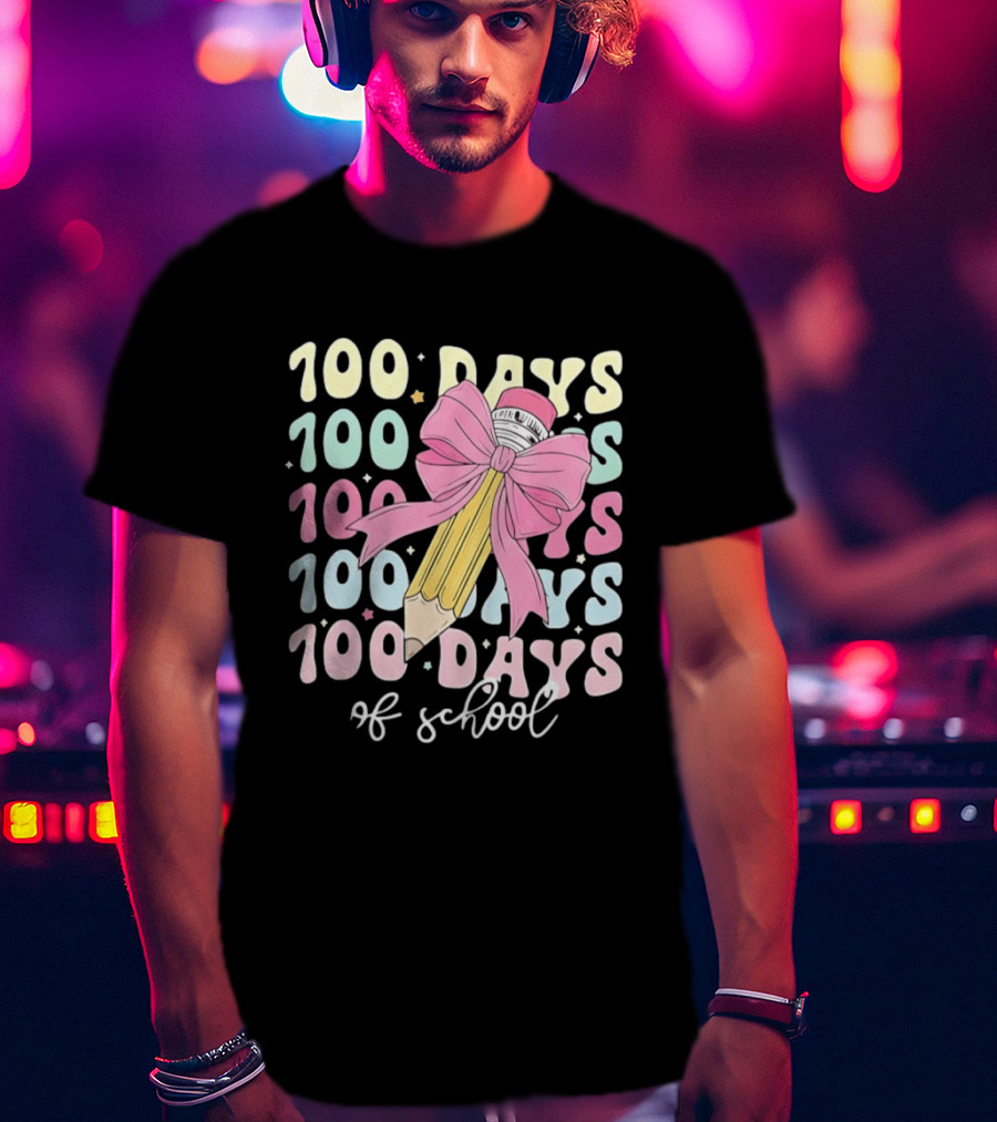100 Days Of School Pink Bow Pencil Celebration T-Shirt