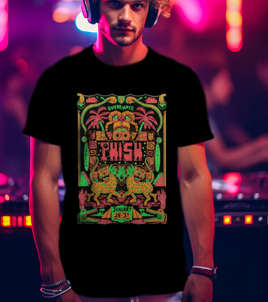 Phish Riviera Maya Cancun Mexico January 28 31 2026 Vibrant Neon Aztec Inspired Tropical T-Shirt