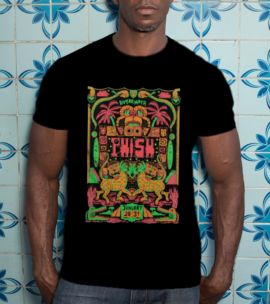 Phish Riviera Maya Cancun Mexico January 28 31 2026 Vibrant Neon Aztec Inspired Tropical T-Shirt