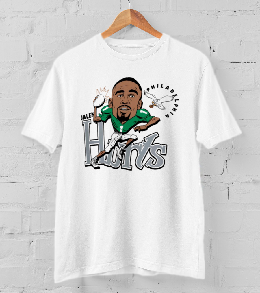 Jalen Hurts Philadelphia Eagles Football Caricature Running Action T-Shirt
