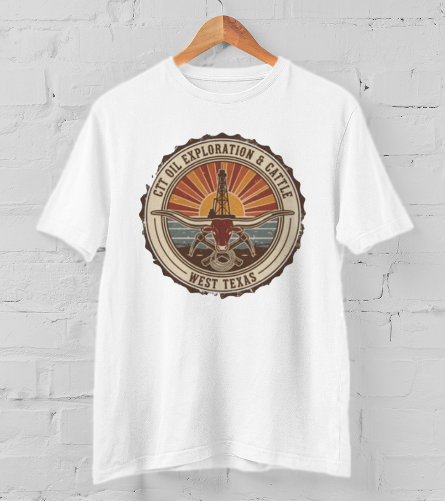 CTT Oil Exploration And Cattle West Texas Landman Sunset Oil Rig And Longhorn T-Shirt