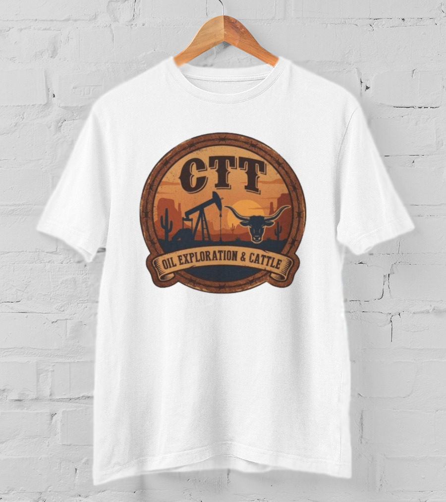 CTT Oil Exploration & Cattle West Texas Sunset Pumpjack And Longhorn Desert Scene T-Shirt