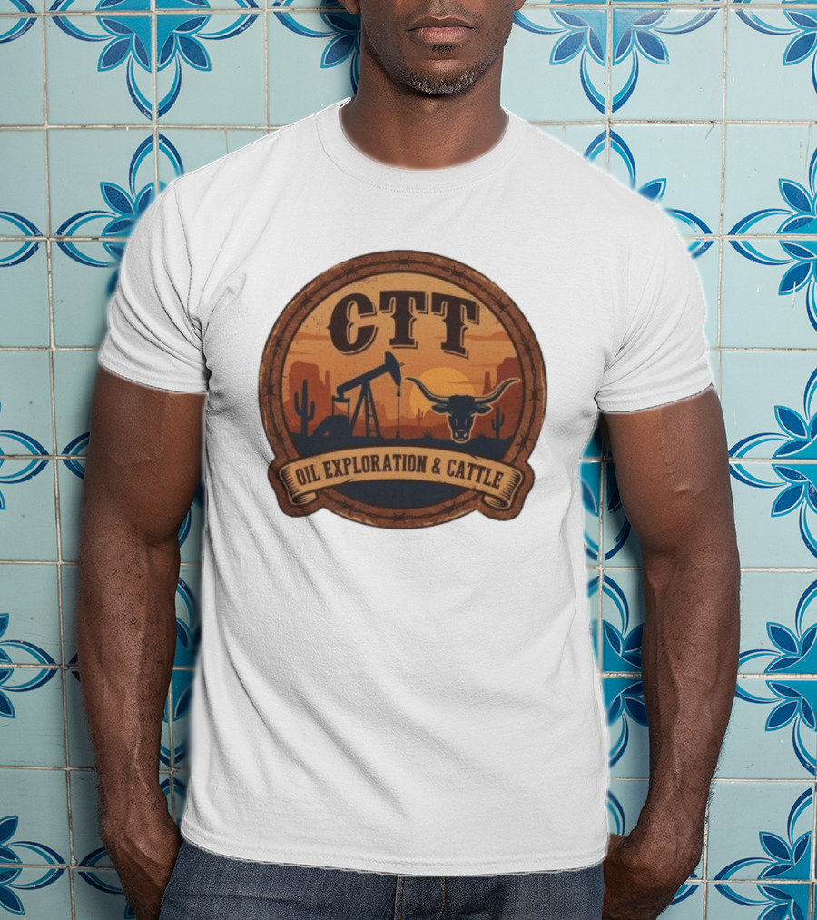 CTT Oil Exploration & Cattle West Texas Sunset Pumpjack And Longhorn Desert Scene T-Shirt