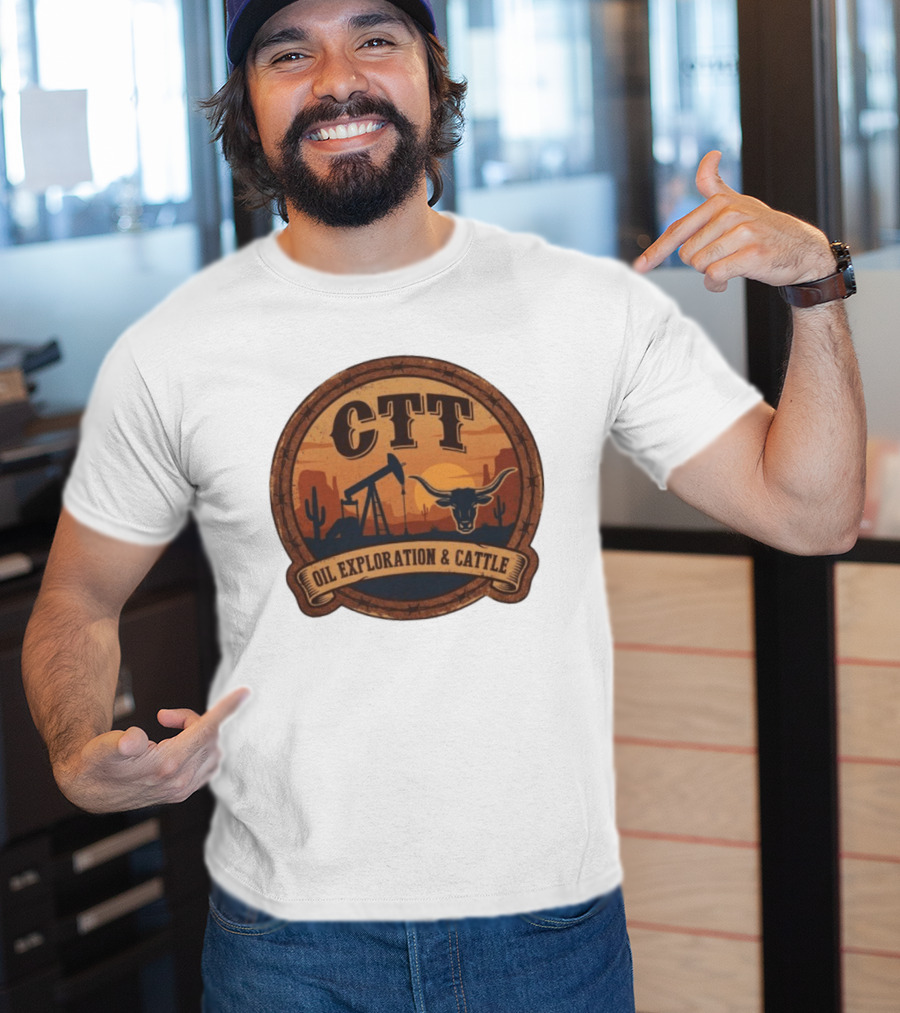 CTT Oil Exploration & Cattle West Texas Sunset Pumpjack And Longhorn Desert Scene T-Shirt