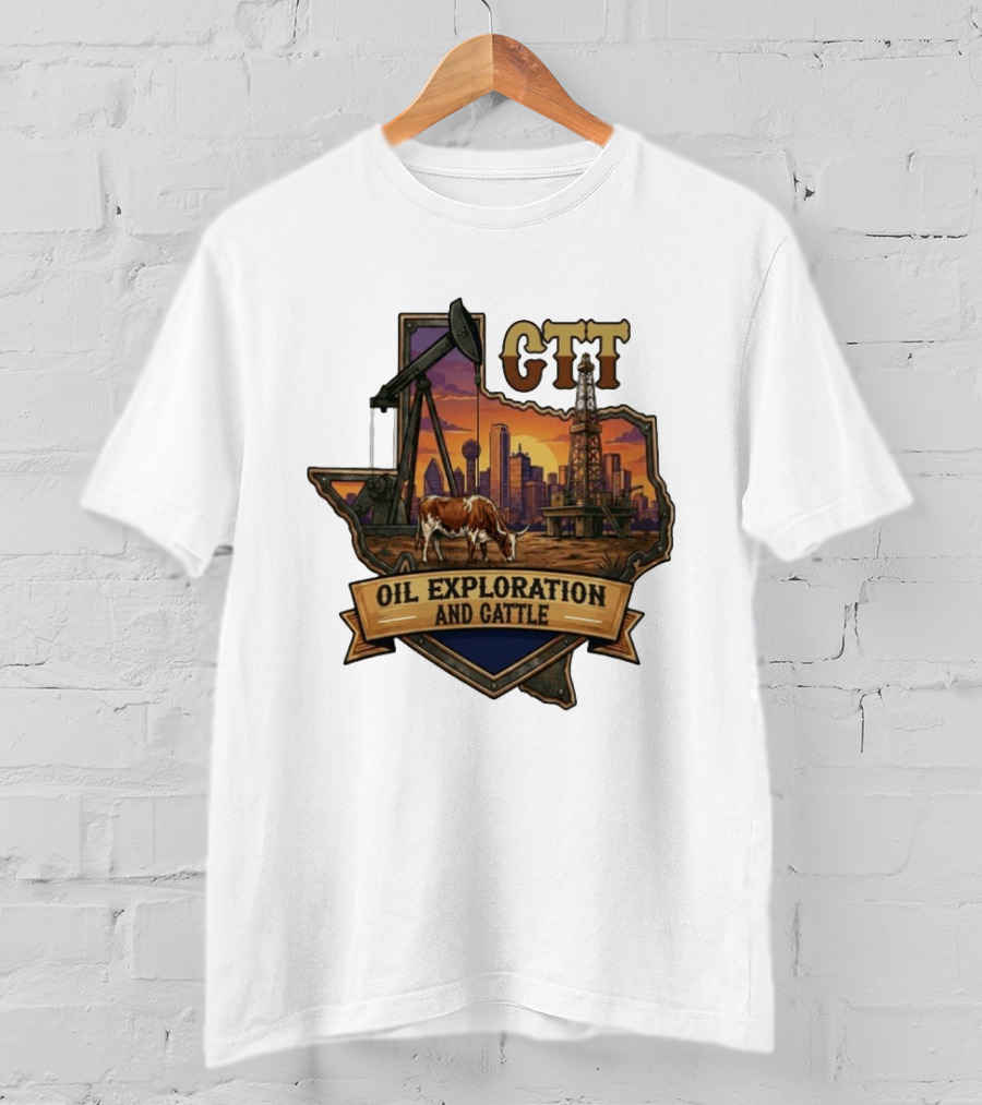 Texas CTT Oil Exploration Cattle Sunset Skyline T-Shirt