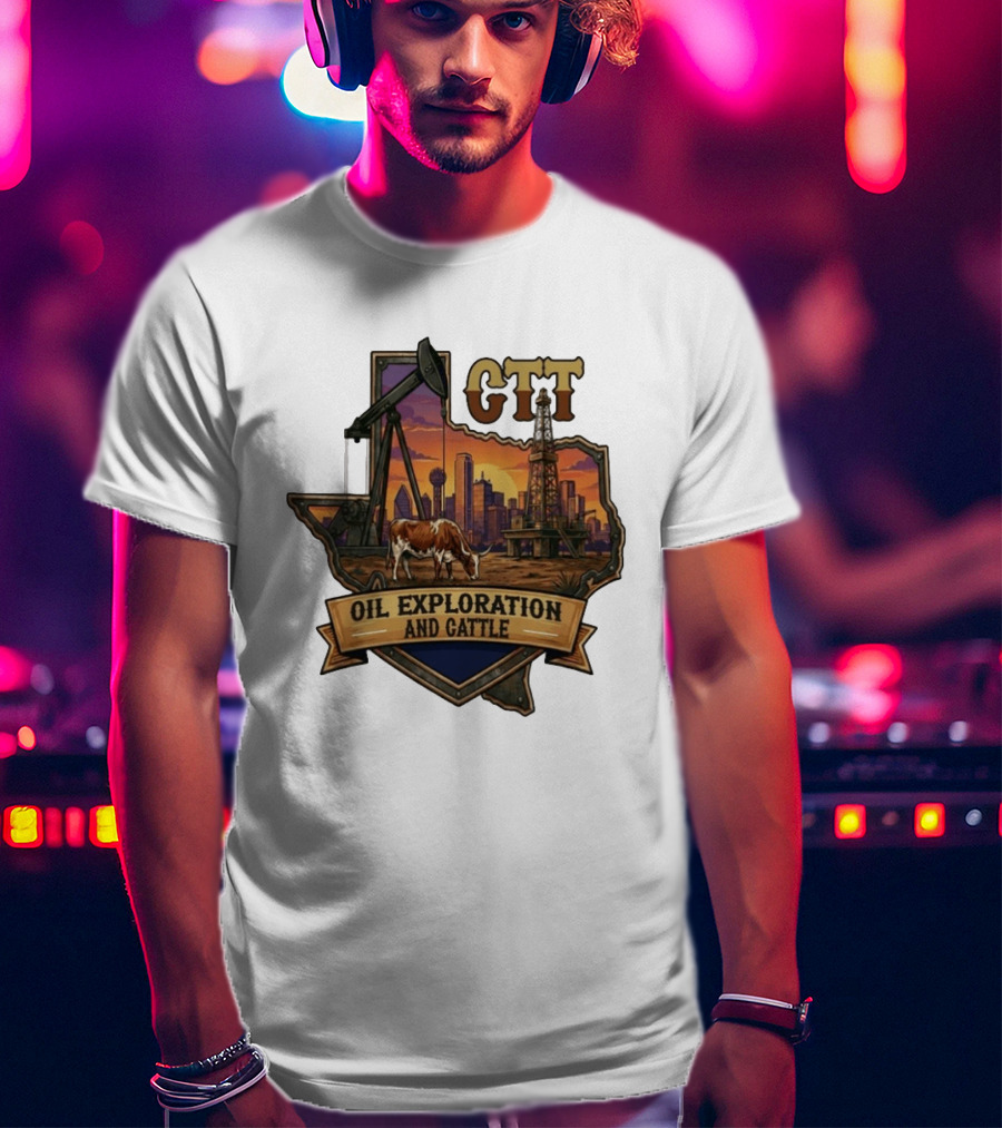 Texas CTT Oil Exploration Cattle Sunset Skyline T-Shirt