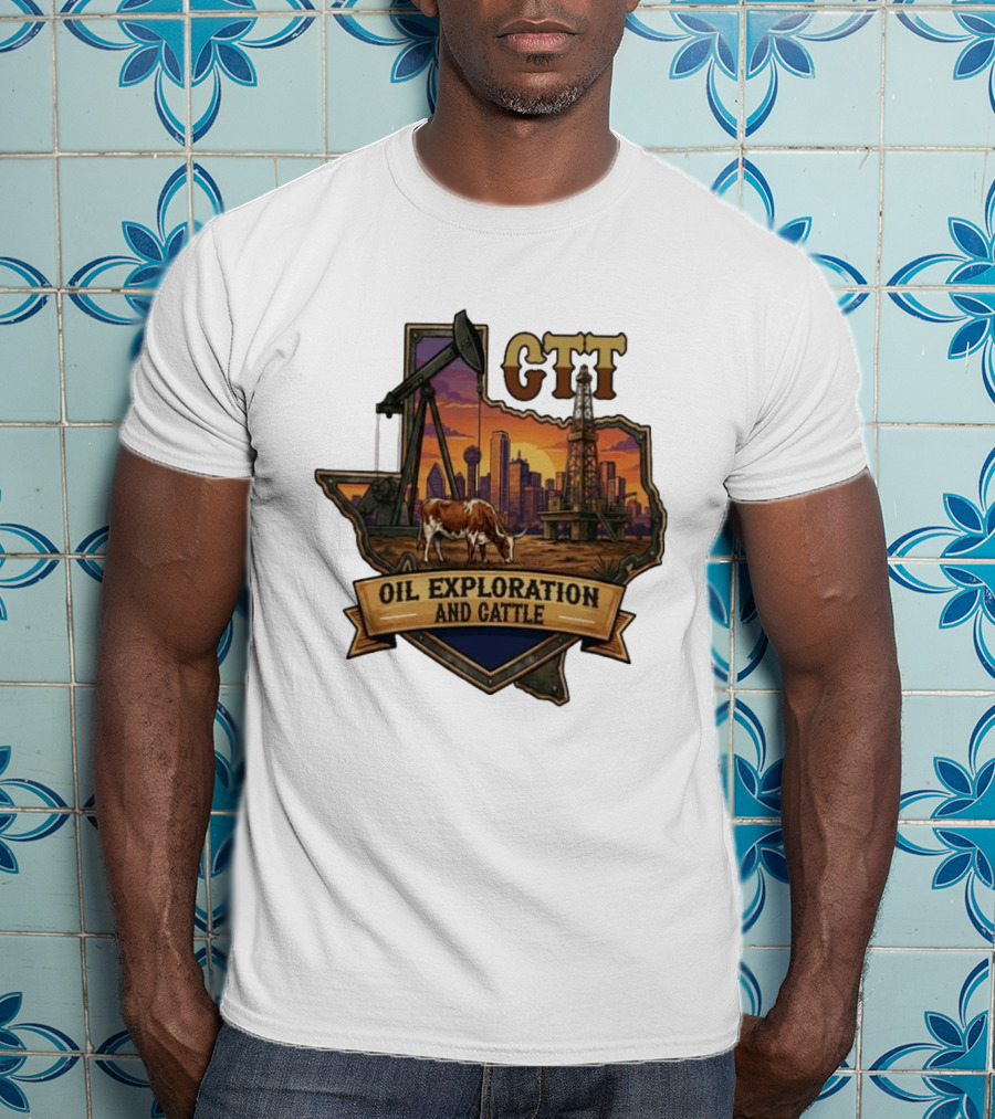 Texas CTT Oil Exploration Cattle Sunset Skyline T-Shirt
