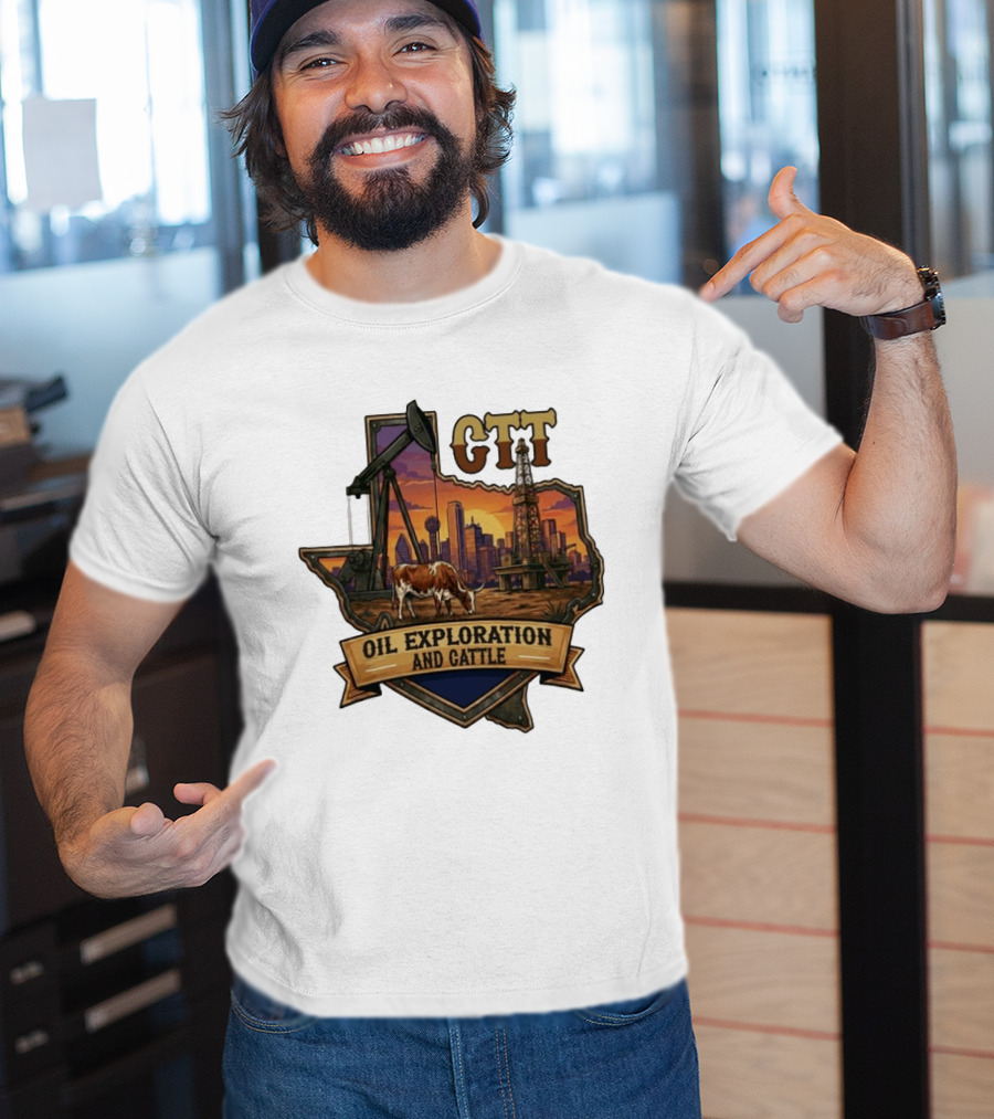 Texas CTT Oil Exploration Cattle Sunset Skyline T-Shirt