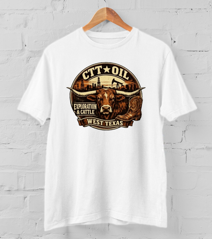 CTT Oil Exploration And Cattle West Texas Longhorn Boot Iconography T-Shirt