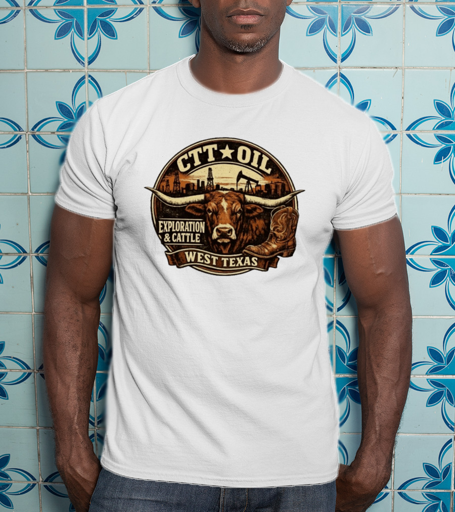 CTT Oil Exploration And Cattle West Texas Longhorn Boot Iconography T-Shirt