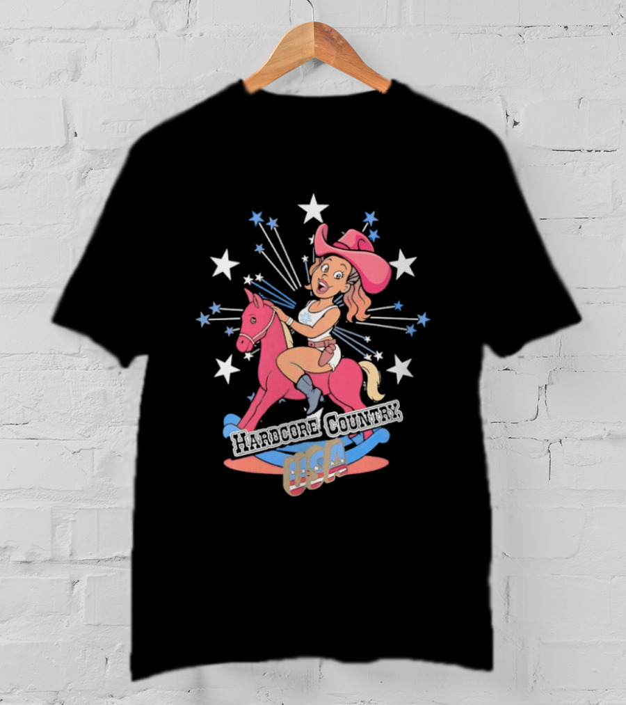 Hardcore Country USA Cowgirl Riding Pink Horse With Stars T-Shirt