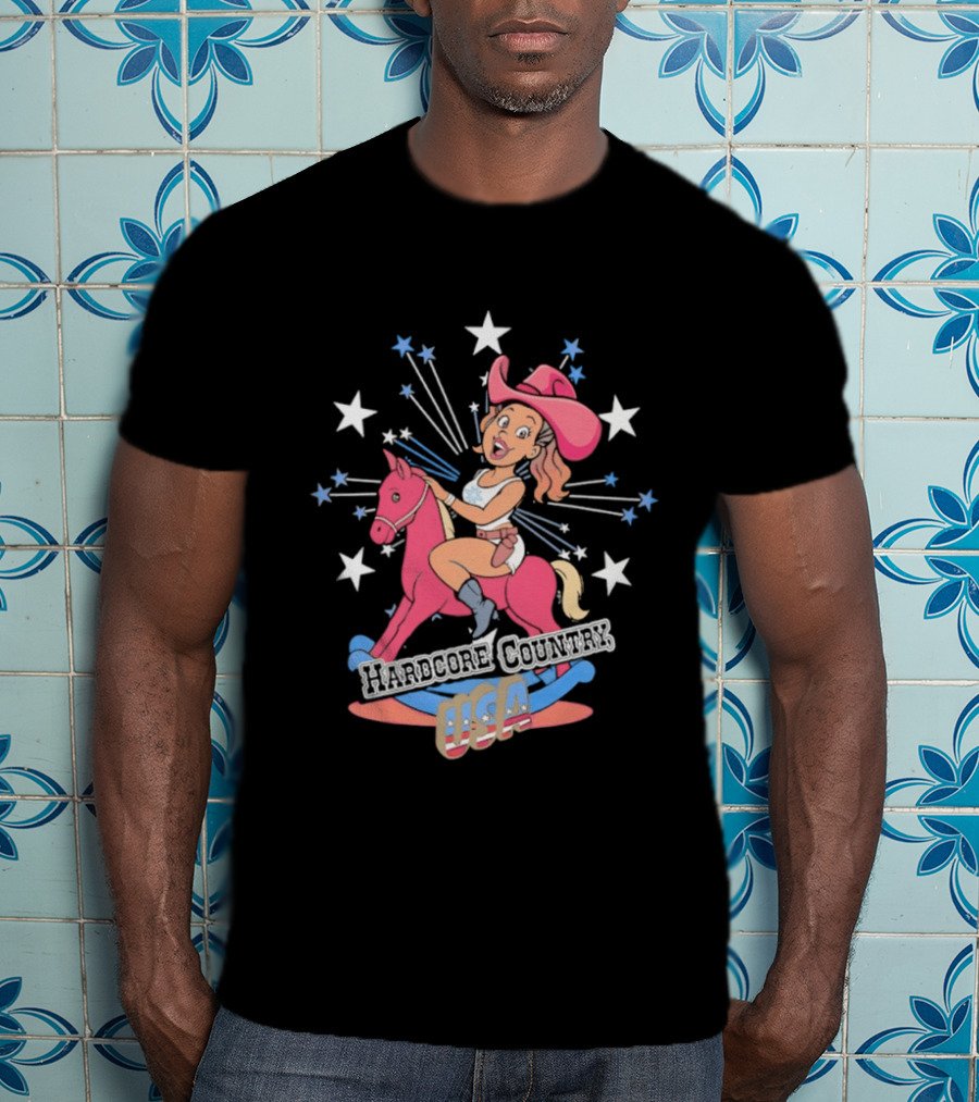 Hardcore Country USA Cowgirl Riding Pink Horse With Stars T-Shirt