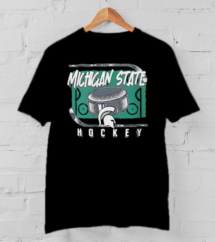 Michigan State Spartans Hockey Puck With Spartan Helmet And Sticks T-Shirt