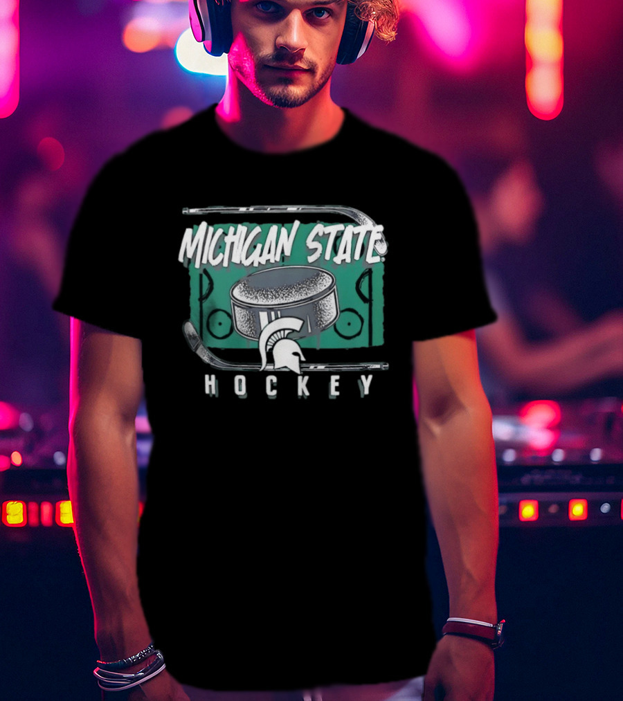Michigan State Spartans Hockey Puck With Spartan Helmet And Sticks T-Shirt