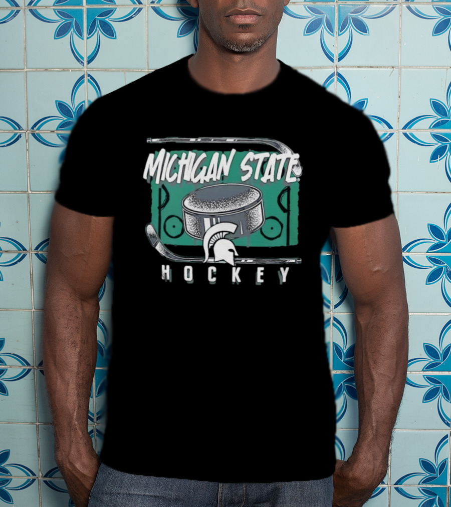 Michigan State Spartans Hockey Puck With Spartan Helmet And Sticks T-Shirt