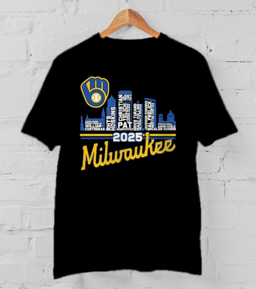 Milwaukee Brewers 2025 City Skyline Baseball Players Names T-Shirt