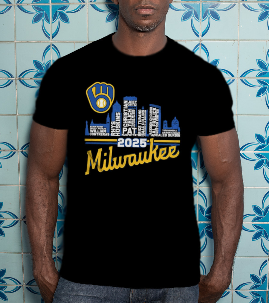 Milwaukee Brewers 2025 City Skyline Baseball Players Names T-Shirt