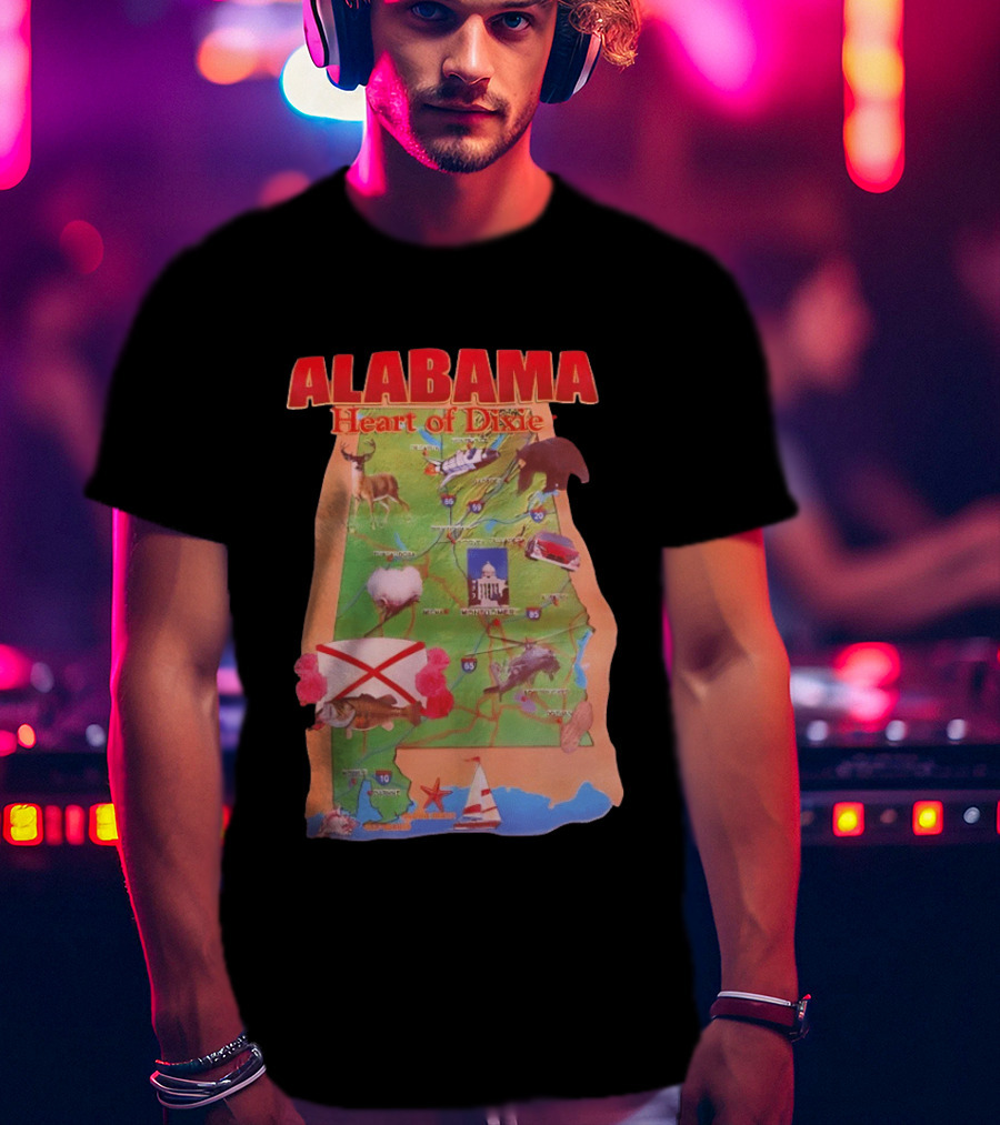 Alabama Heart Of Dixie Map Landmarks And Wildlife T-Shirt