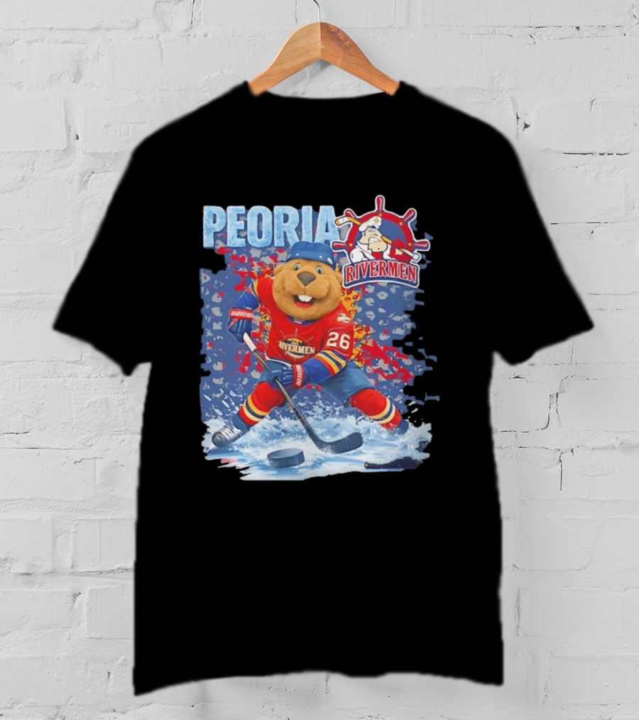 Rocky Peoria Rivermen Hockey Beaver Mascot Skating T-Shirt