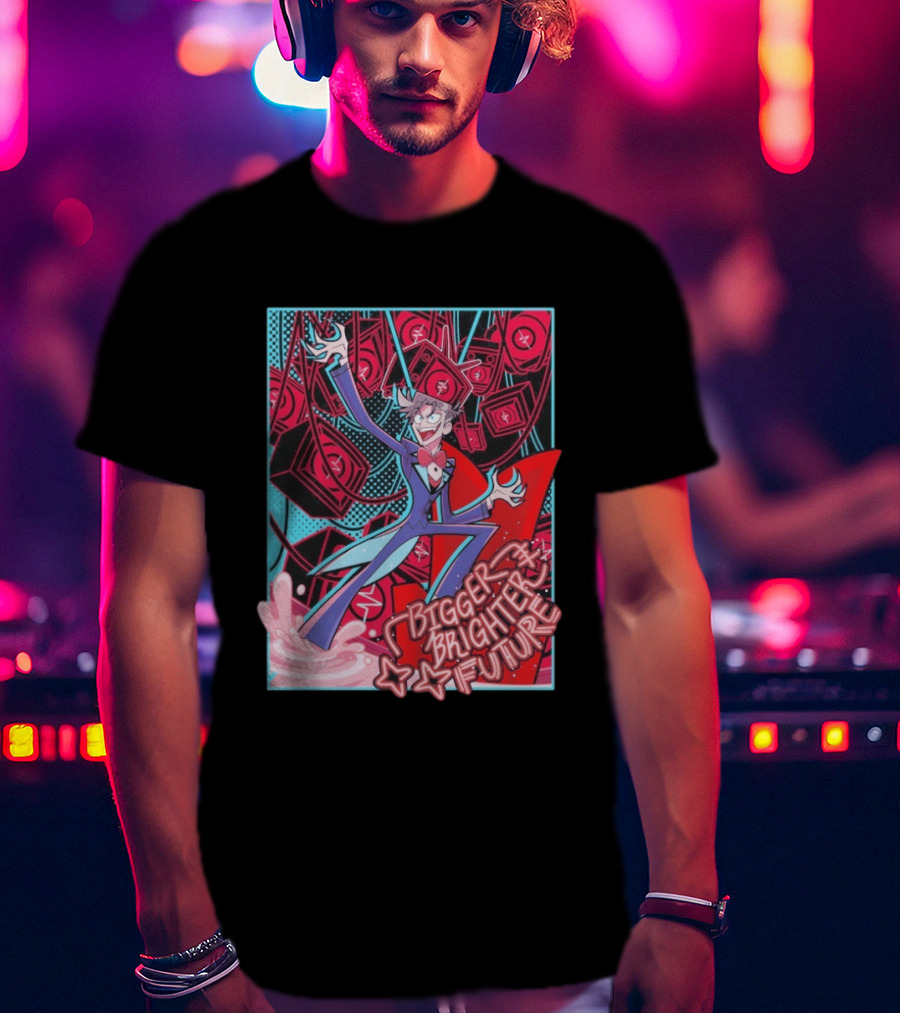 Bigger Brighter Future Character With Energetic Imagery And Vintage TV Motif T-Shirt
