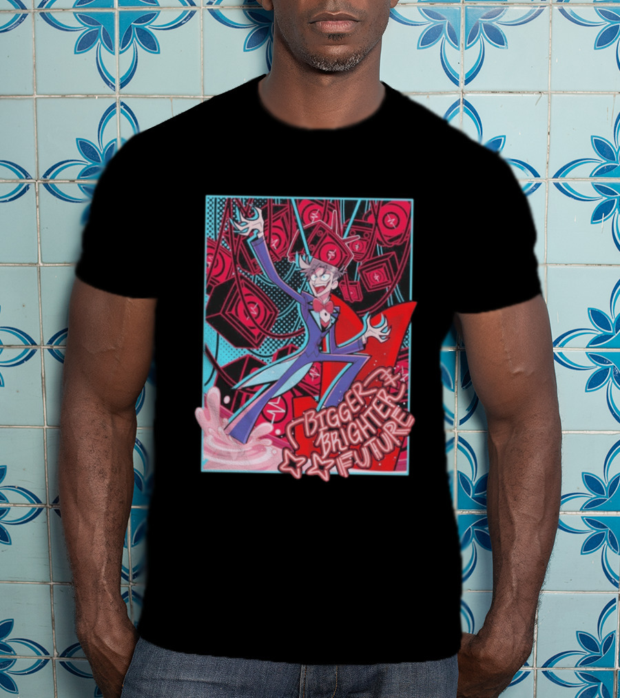 Bigger Brighter Future Character With Energetic Imagery And Vintage TV Motif T-Shirt