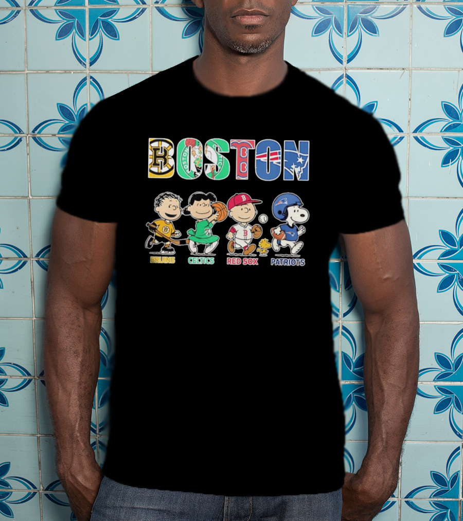 Peanuts Characters In Boston Bruins Celtics Red Sox Patriots Team T-Shirt