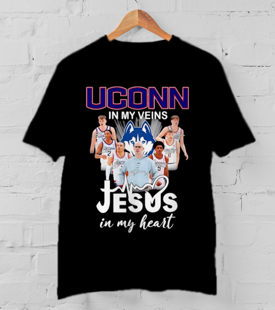 UConn Huskies Coach Dan Hurley Players Jesus In My Heart In My Veins T-Shirt