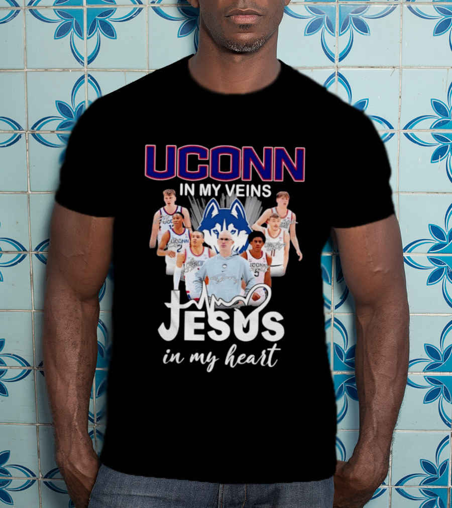 UConn Huskies Coach Dan Hurley Players Jesus In My Heart In My Veins T-Shirt