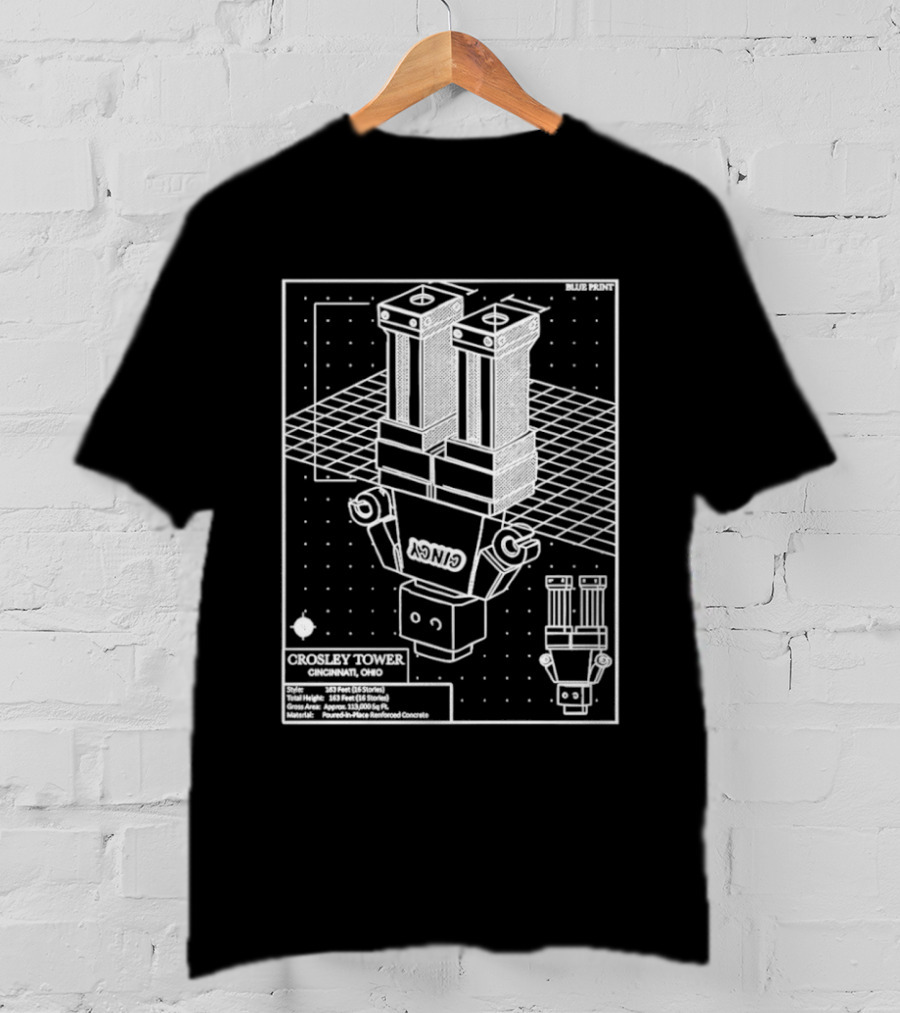 Crosley Tower Blueprint Cincinnati Ohio Robot Schematic T-Shirt
