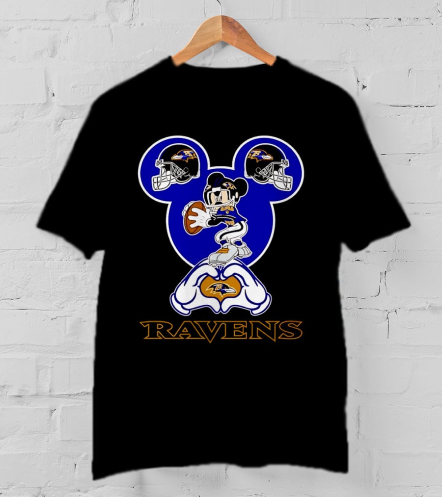Baltimore Ravens Mickey Mouse Heart Hands Football Helmets T-Shirt