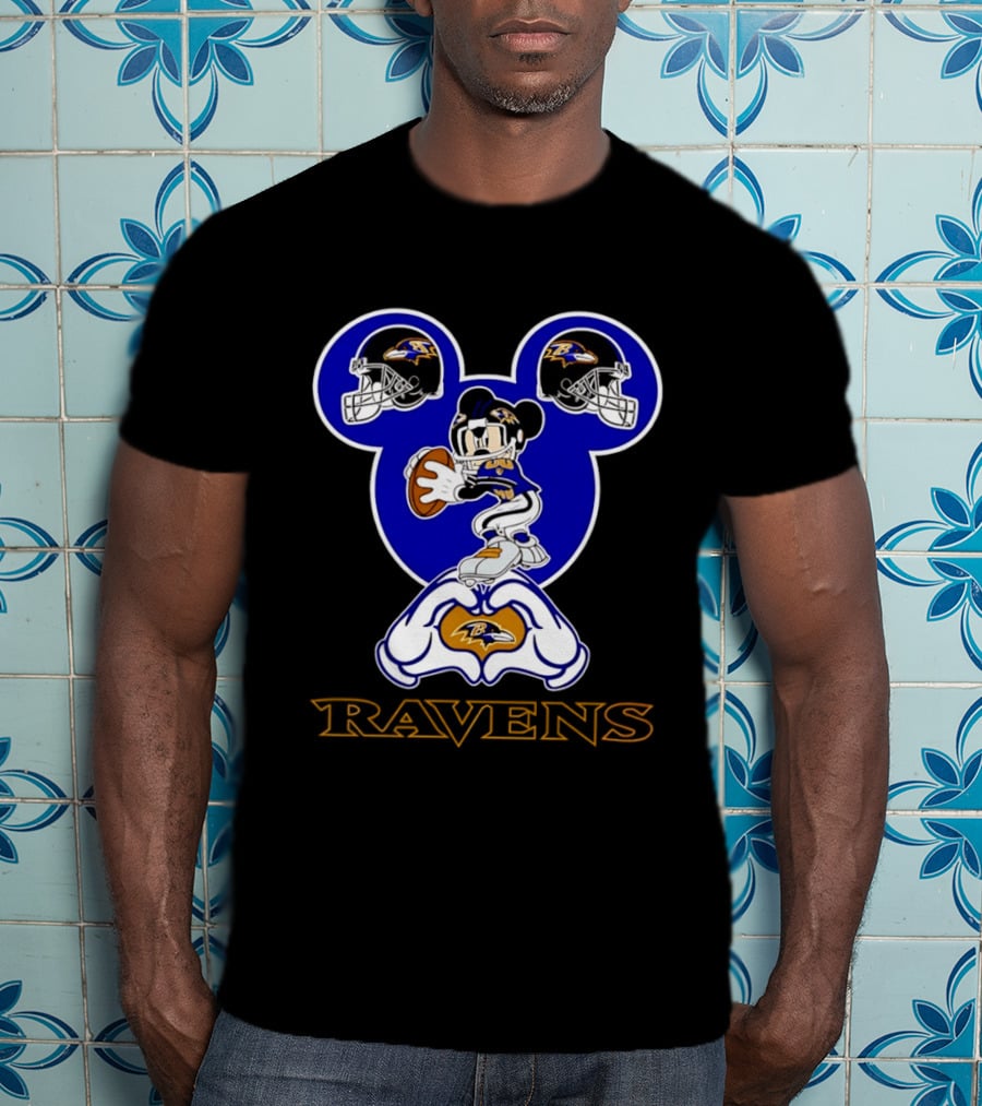 Baltimore Ravens Mickey Mouse Heart Hands Football Helmets T-Shirt
