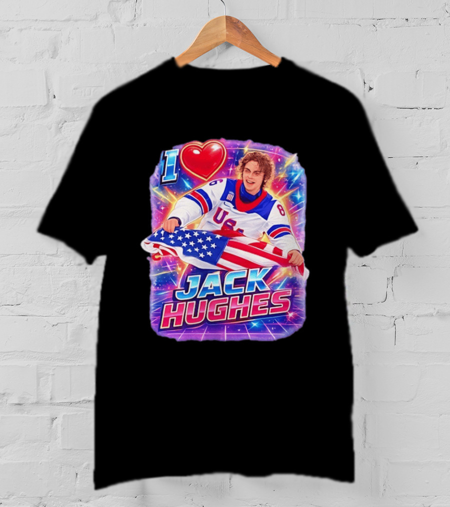 I Love Jack Hughes USA Hockey Flag Celebration T-Shirt