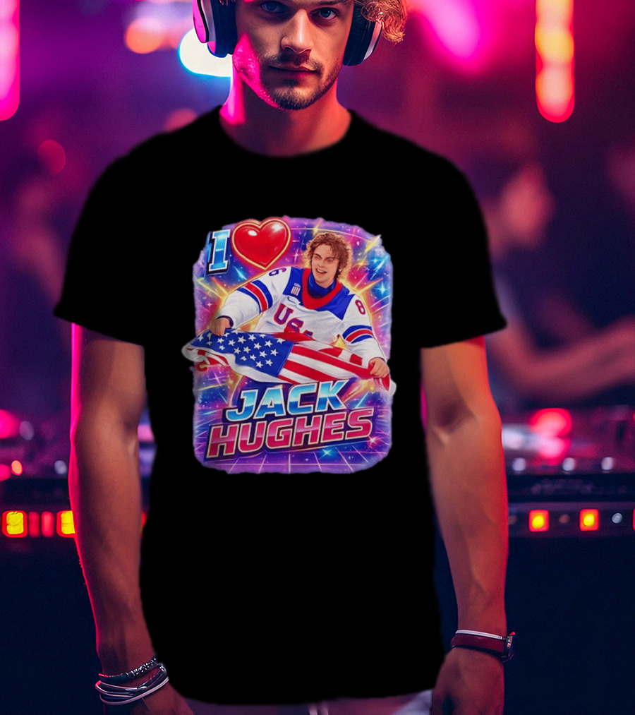 I Love Jack Hughes USA Hockey Flag Celebration T-Shirt