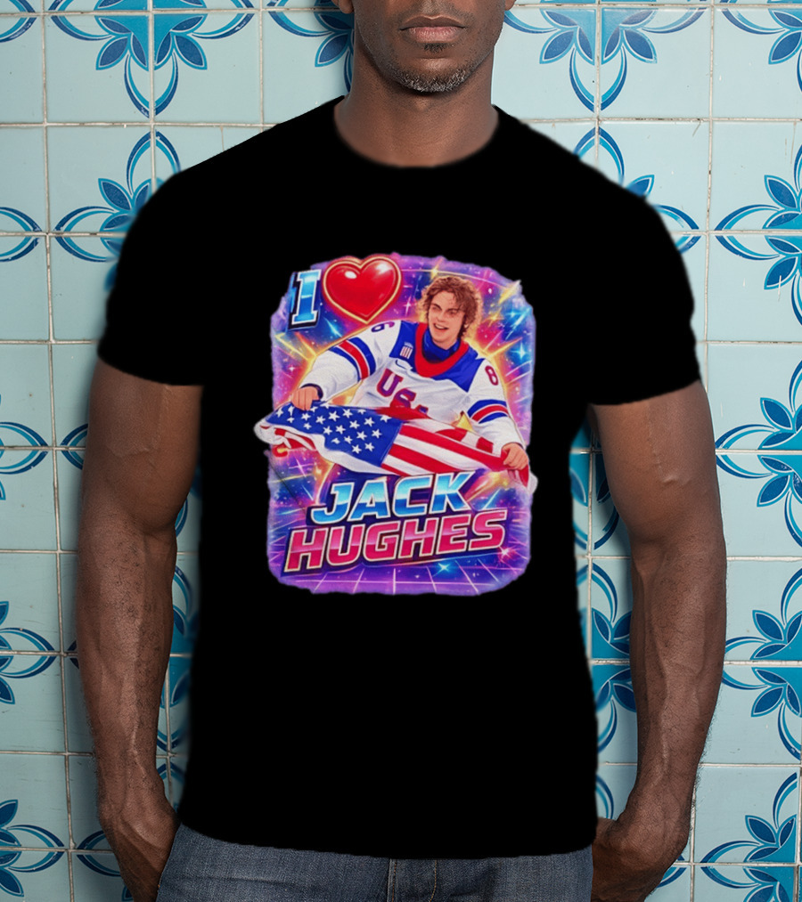 I Love Jack Hughes USA Hockey Flag Celebration T-Shirt