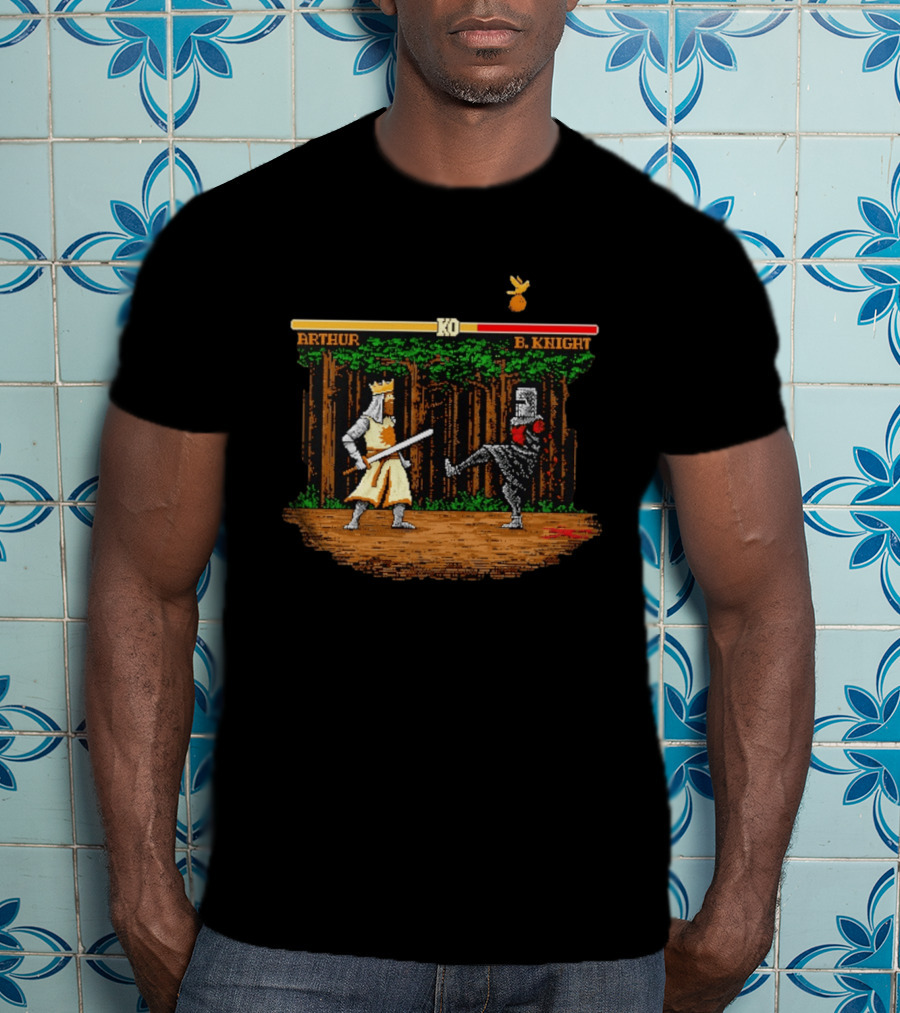 King Arthur Vs Black Knight KO Monty Python And The Holy Grail Pixel Art Forest Duel T-Shirt