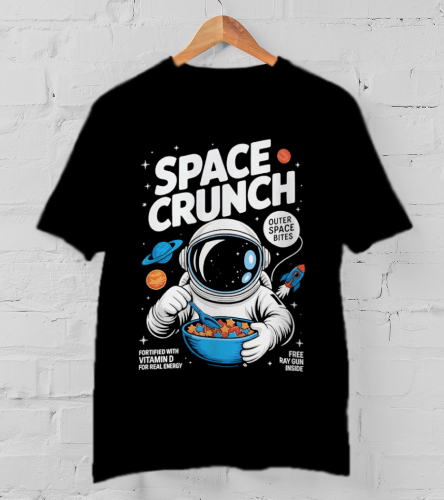 Space Crunch Outer Space Bites Astronaut Eating Cereal Planets Rockets T-Shirt