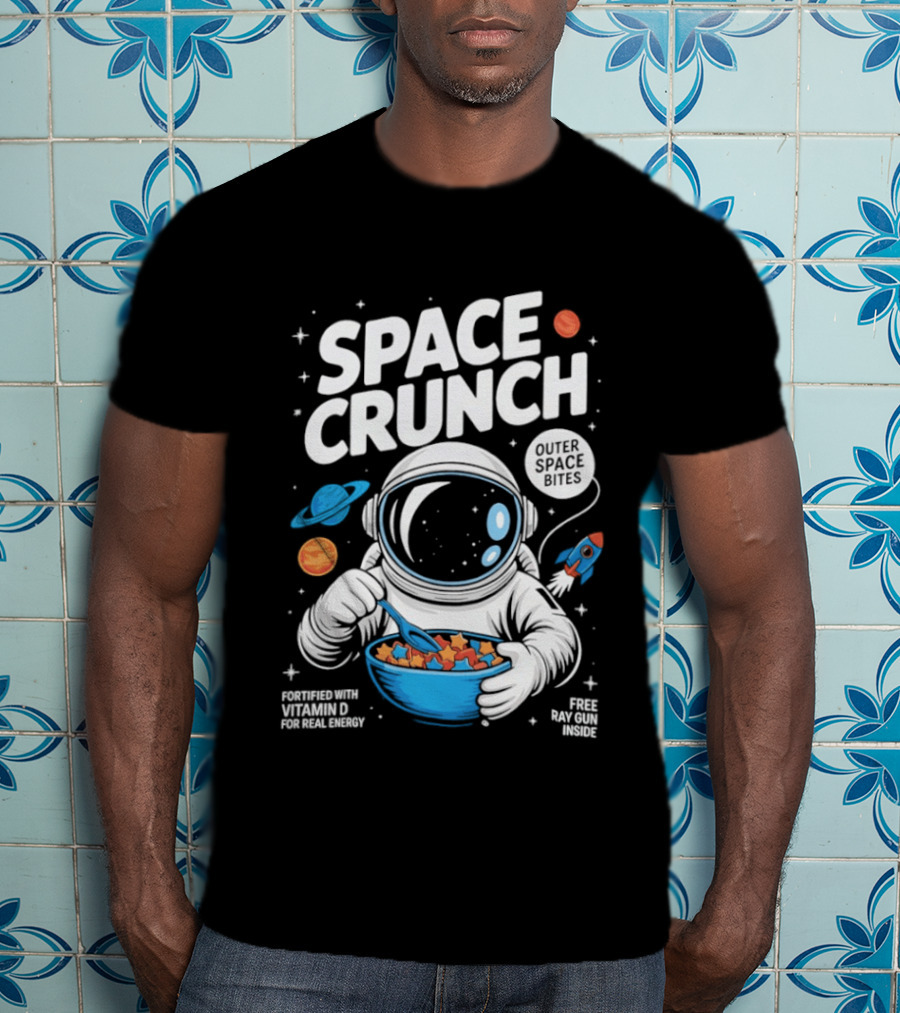 Space Crunch Outer Space Bites Astronaut Eating Cereal Planets Rockets T-Shirt
