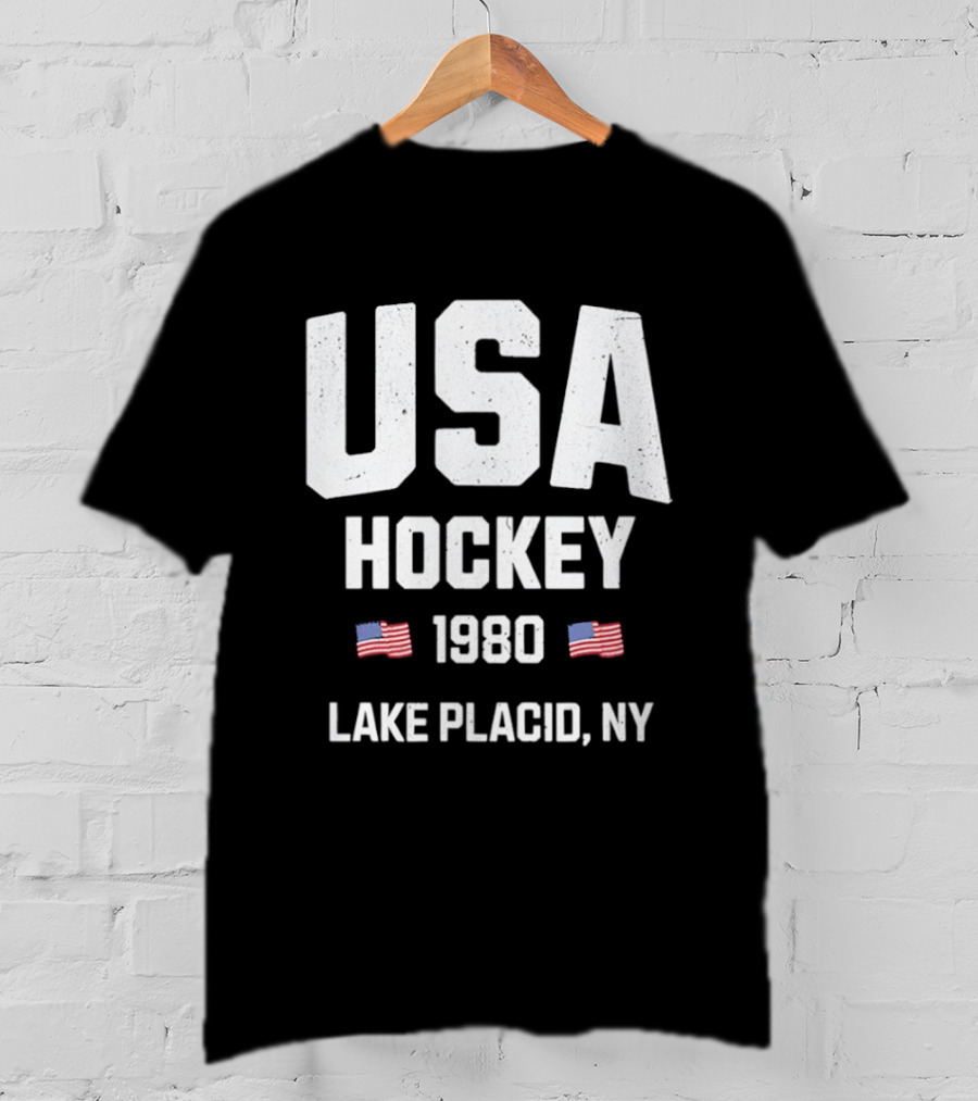 USA Hockey 1980 Lake Placid NY American Flags T-Shirt