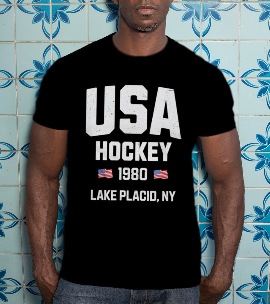 USA Hockey 1980 Lake Placid NY American Flags T-Shirt