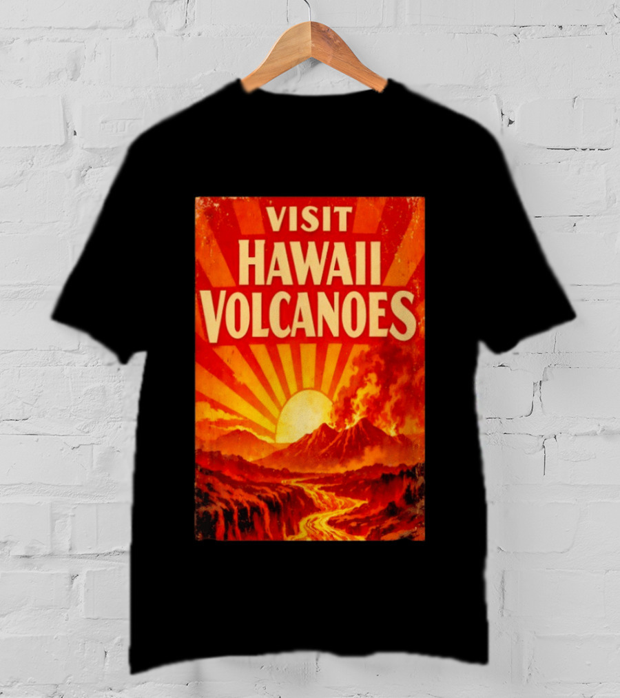 Visit Hawaii Volcanoes Vintage Travel With Erupting Mountain And Sunset Rays T-Shirt