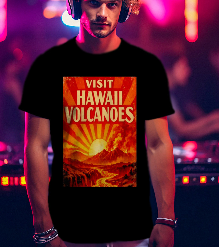 Visit Hawaii Volcanoes Vintage Travel With Erupting Mountain And Sunset Rays T-Shirt