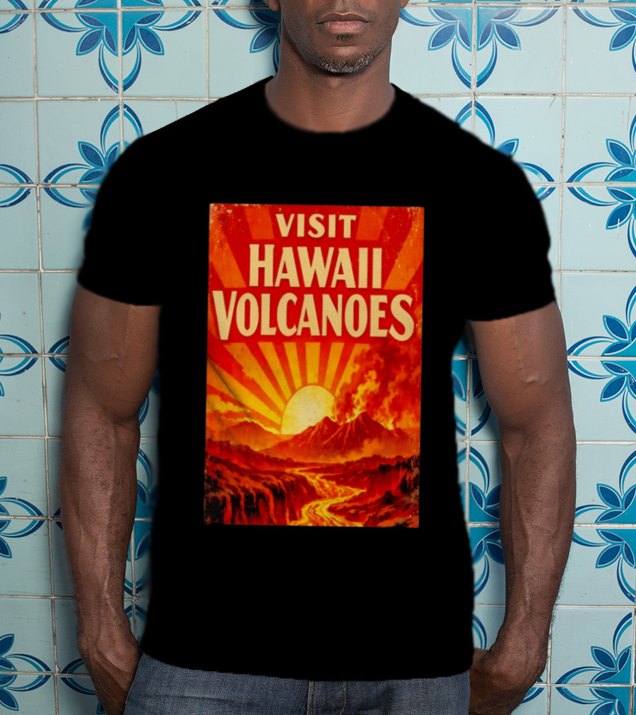 Visit Hawaii Volcanoes Vintage Travel With Erupting Mountain And Sunset Rays T-Shirt