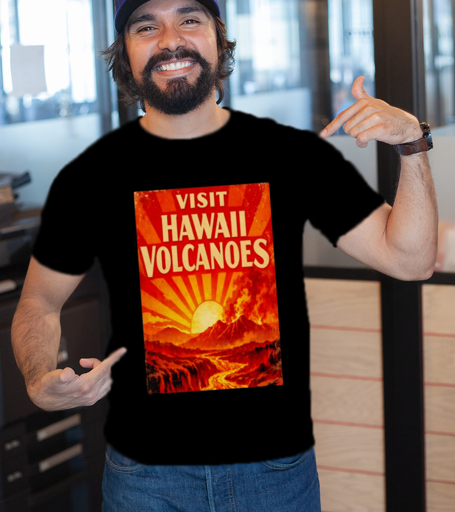 Visit Hawaii Volcanoes Vintage Travel With Erupting Mountain And Sunset Rays T-Shirt